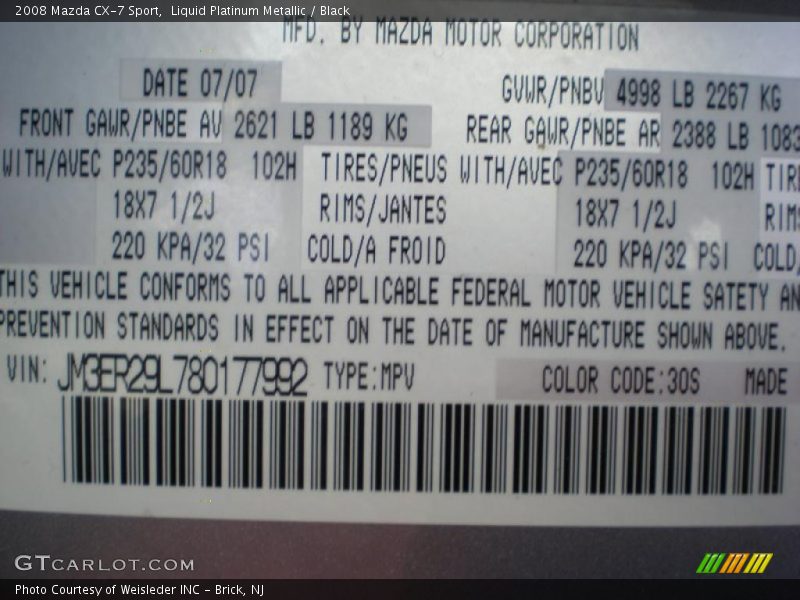 Liquid Platinum Metallic / Black 2008 Mazda CX-7 Sport