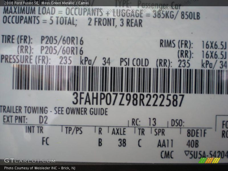 Moss Green Metallic / Camel 2008 Ford Fusion SE