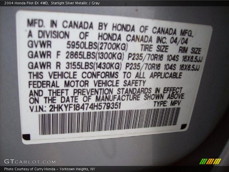 Starlight Silver Metallic / Gray 2004 Honda Pilot EX 4WD