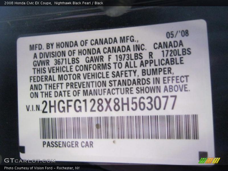 Nighthawk Black Pearl / Black 2008 Honda Civic EX Coupe