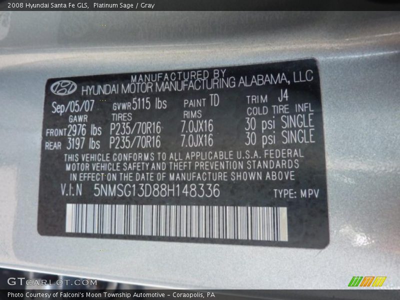 Platinum Sage / Gray 2008 Hyundai Santa Fe GLS