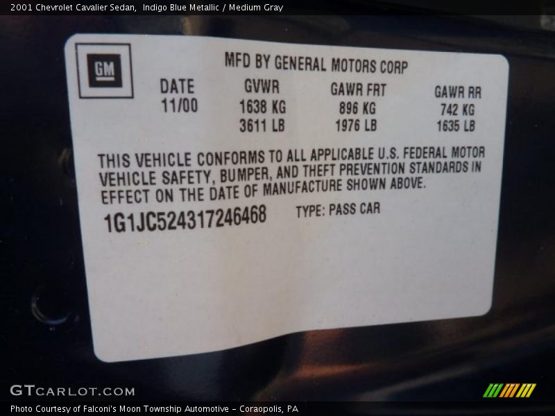 Indigo Blue Metallic / Medium Gray 2001 Chevrolet Cavalier Sedan