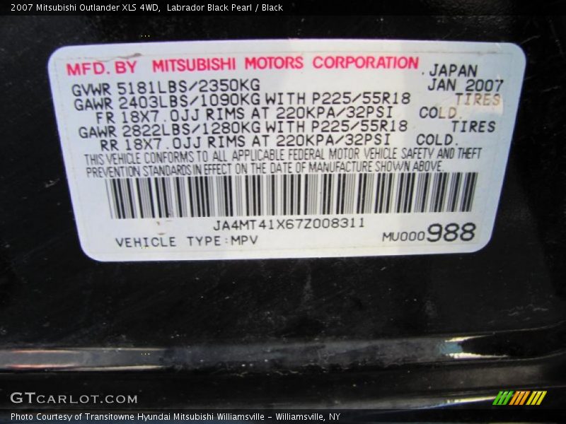 Labrador Black Pearl / Black 2007 Mitsubishi Outlander XLS 4WD