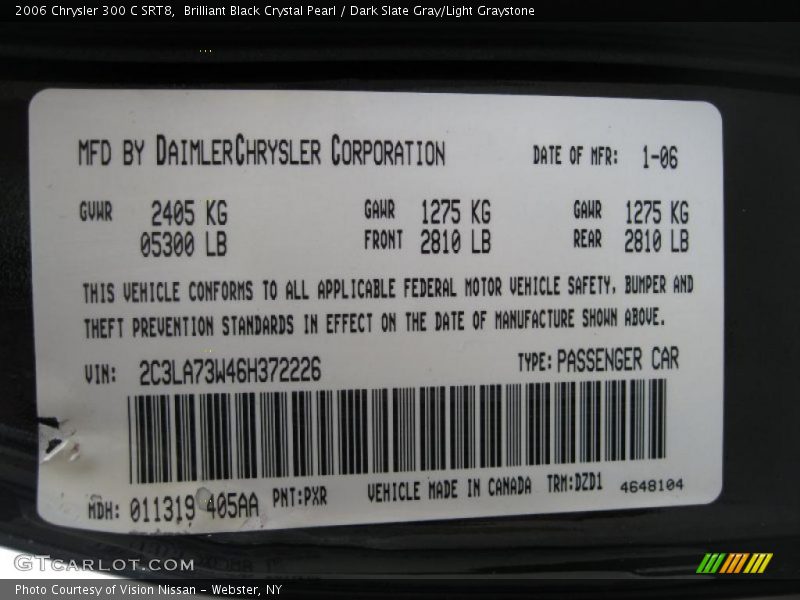 Brilliant Black Crystal Pearl / Dark Slate Gray/Light Graystone 2006 Chrysler 300 C SRT8