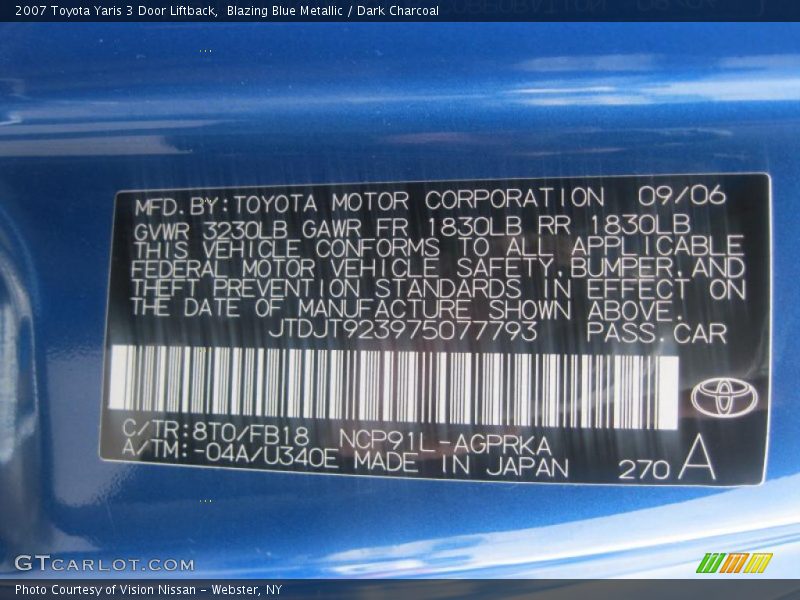 Blazing Blue Metallic / Dark Charcoal 2007 Toyota Yaris 3 Door Liftback