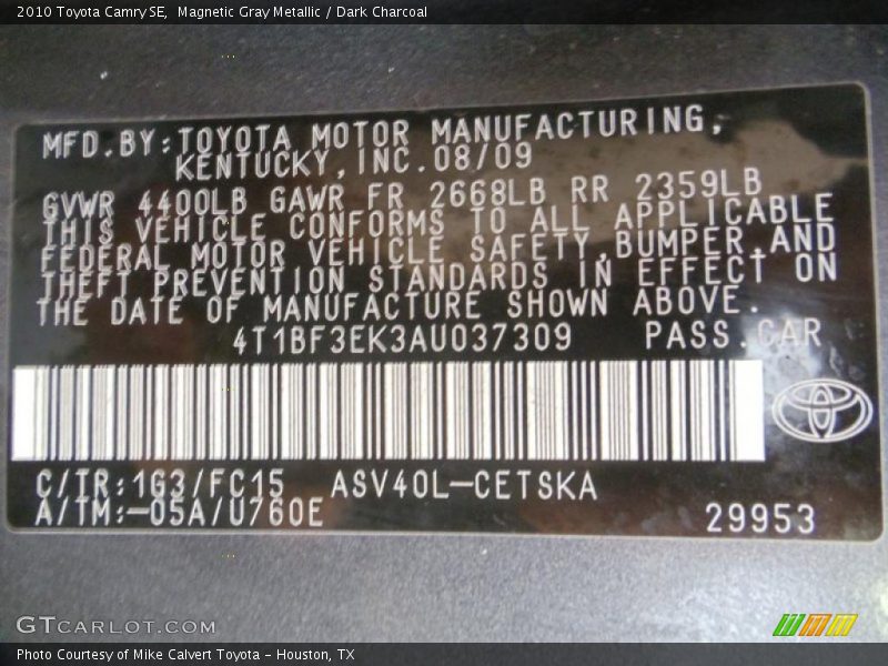 Magnetic Gray Metallic / Dark Charcoal 2010 Toyota Camry SE