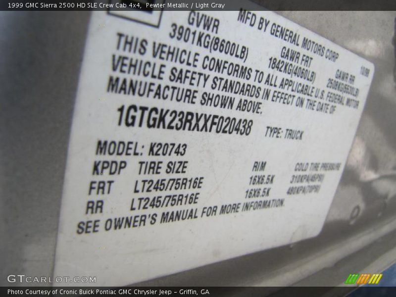 Pewter Metallic / Light Gray 1999 GMC Sierra 2500 HD SLE Crew Cab 4x4
