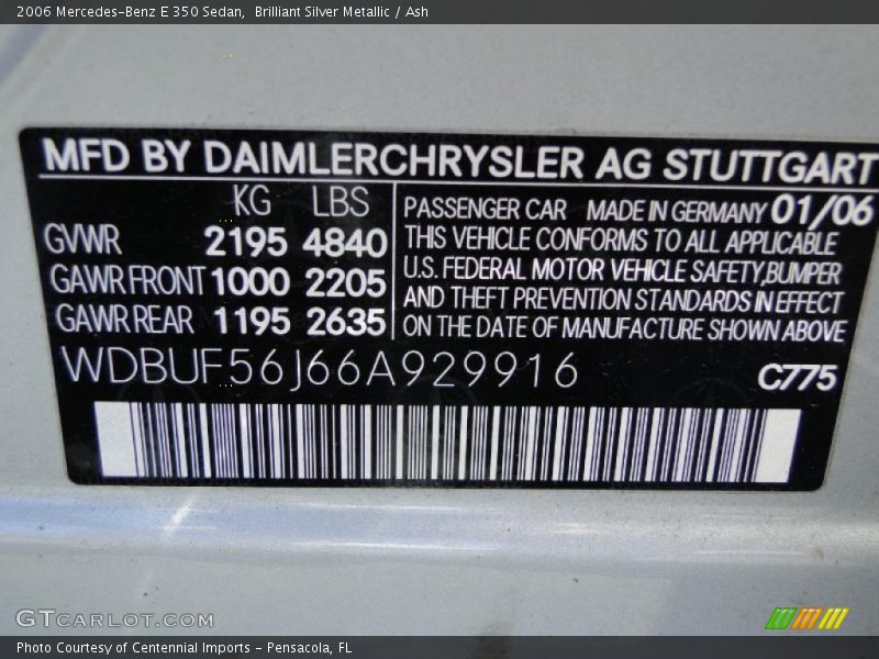Brilliant Silver Metallic / Ash 2006 Mercedes-Benz E 350 Sedan