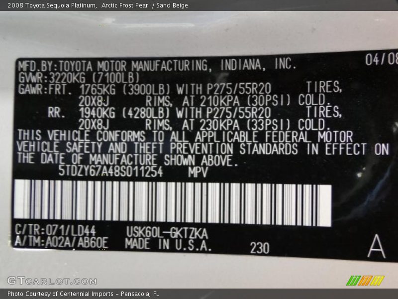 2008 Sequoia Platinum Arctic Frost Pearl Color Code 071