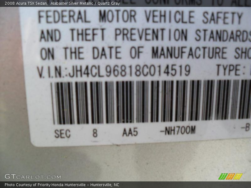 Alabaster Silver Metallic / Quartz Gray 2008 Acura TSX Sedan