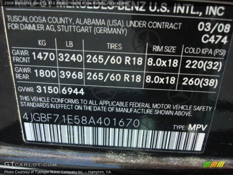 2008 GL 450 4Matic Verde Brook Metallic Color Code 474