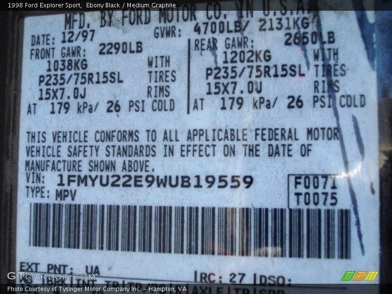 1998 Explorer Sport Ebony Black Color Code UA