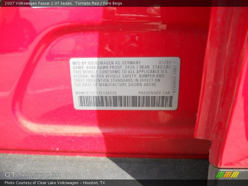 Tornado Red / Pure Beige 2007 Volkswagen Passat 2.0T Sedan