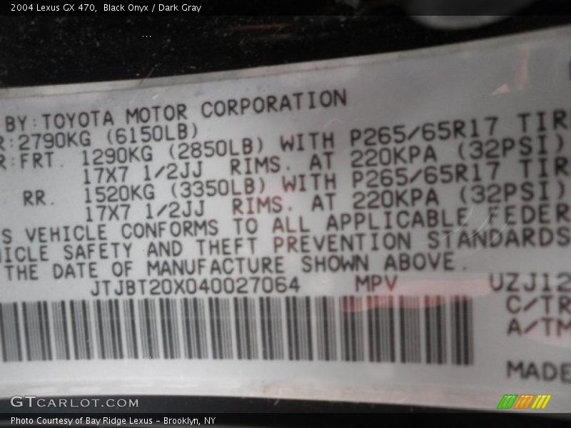 Black Onyx / Dark Gray 2004 Lexus GX 470
