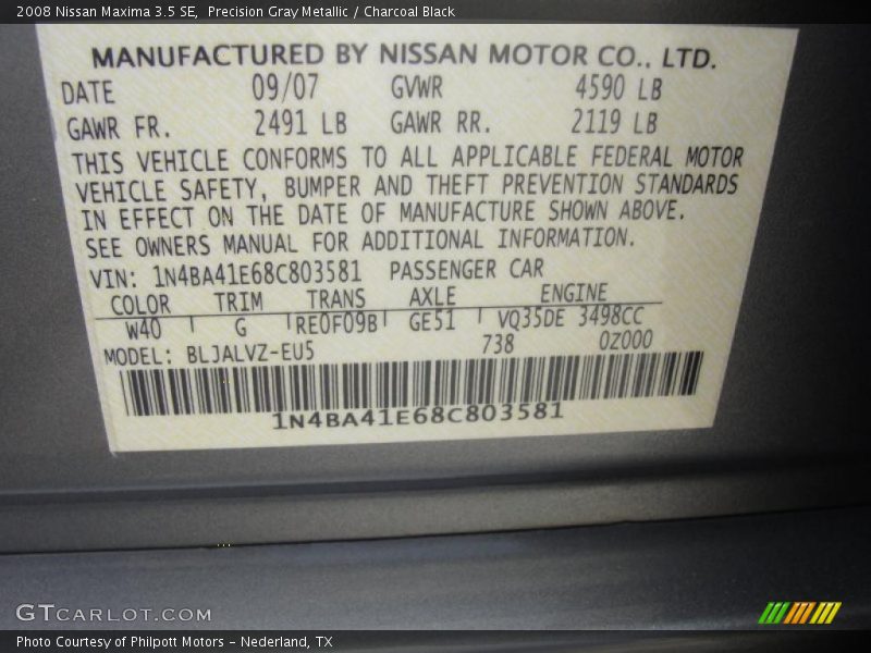 Precision Gray Metallic / Charcoal Black 2008 Nissan Maxima 3.5 SE