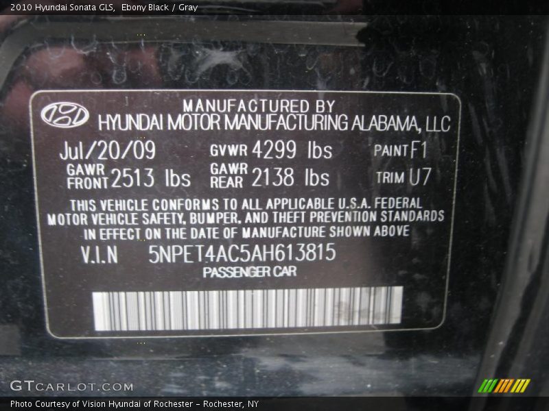 Ebony Black / Gray 2010 Hyundai Sonata GLS