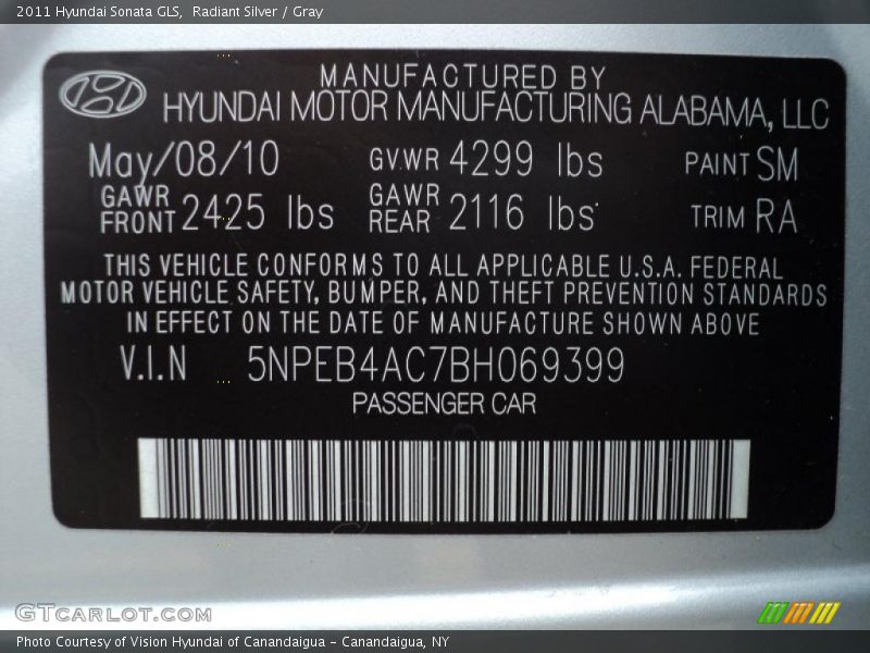 Radiant Silver / Gray 2011 Hyundai Sonata GLS