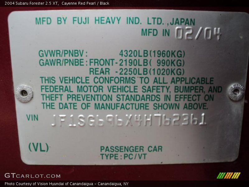 Cayenne Red Pearl / Black 2004 Subaru Forester 2.5 XT