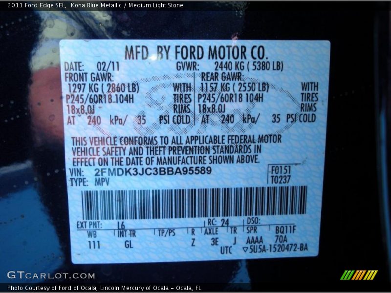 Kona Blue Metallic / Medium Light Stone 2011 Ford Edge SEL
