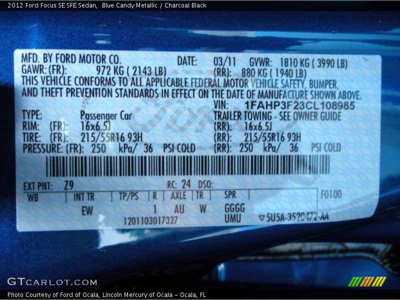 2012 Focus SE SFE Sedan Blue Candy Metallic Color Code Z9