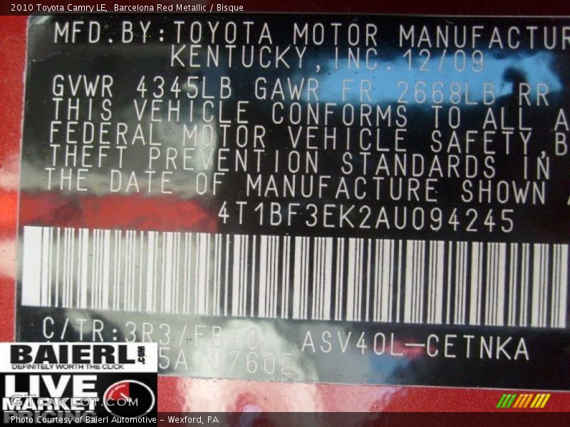 Barcelona Red Metallic / Bisque 2010 Toyota Camry LE