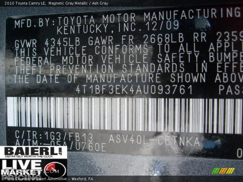 Magnetic Gray Metallic / Ash Gray 2010 Toyota Camry LE