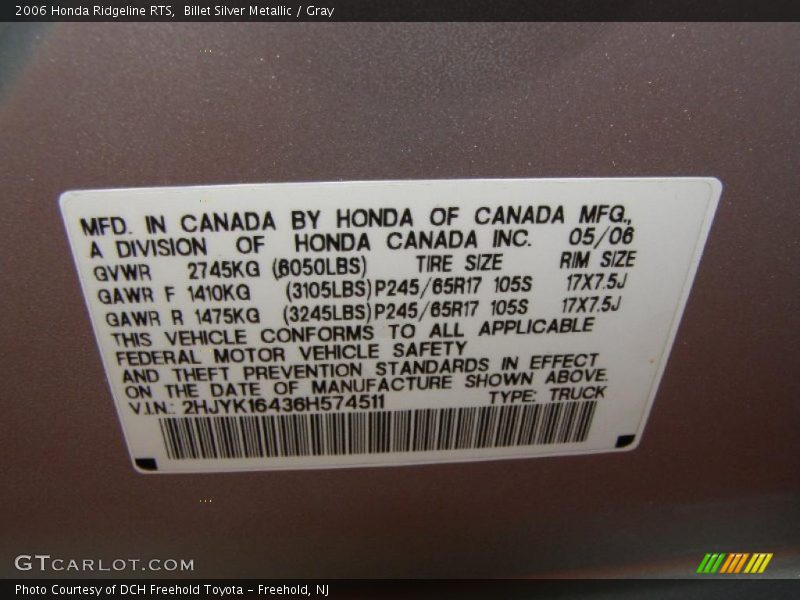 Billet Silver Metallic / Gray 2006 Honda Ridgeline RTS
