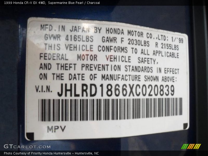 Supermarine Blue Pearl / Charcoal 1999 Honda CR-V EX 4WD