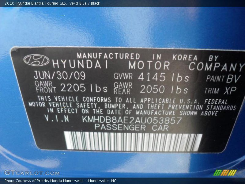 2010 Elantra Touring GLS Vivid Blue Color Code BV