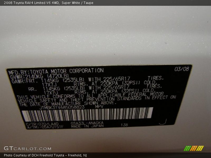 Super White / Taupe 2008 Toyota RAV4 Limited V6 4WD