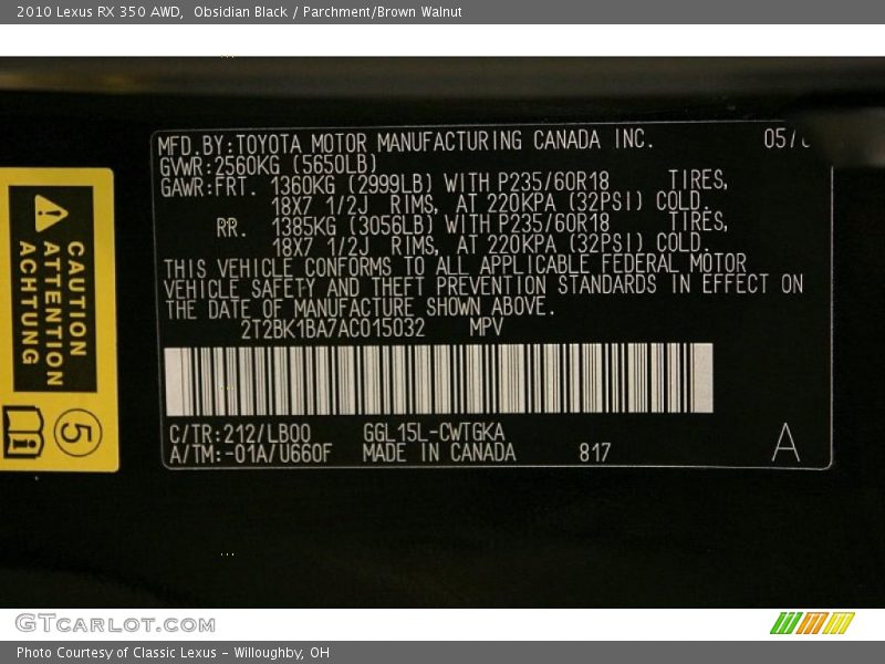 Obsidian Black / Parchment/Brown Walnut 2010 Lexus RX 350 AWD