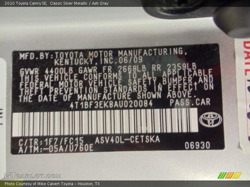 Classic Silver Metallic / Ash Gray 2010 Toyota Camry SE