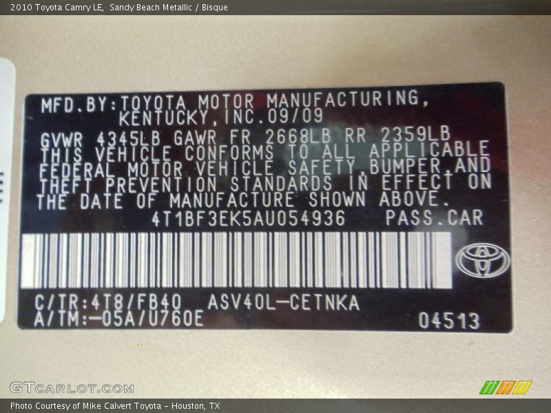 Sandy Beach Metallic / Bisque 2010 Toyota Camry LE