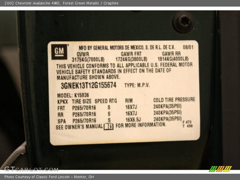 Forest Green Metallic / Graphite 2002 Chevrolet Avalanche 4WD