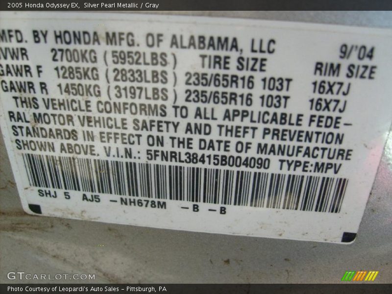 Silver Pearl Metallic / Gray 2005 Honda Odyssey EX