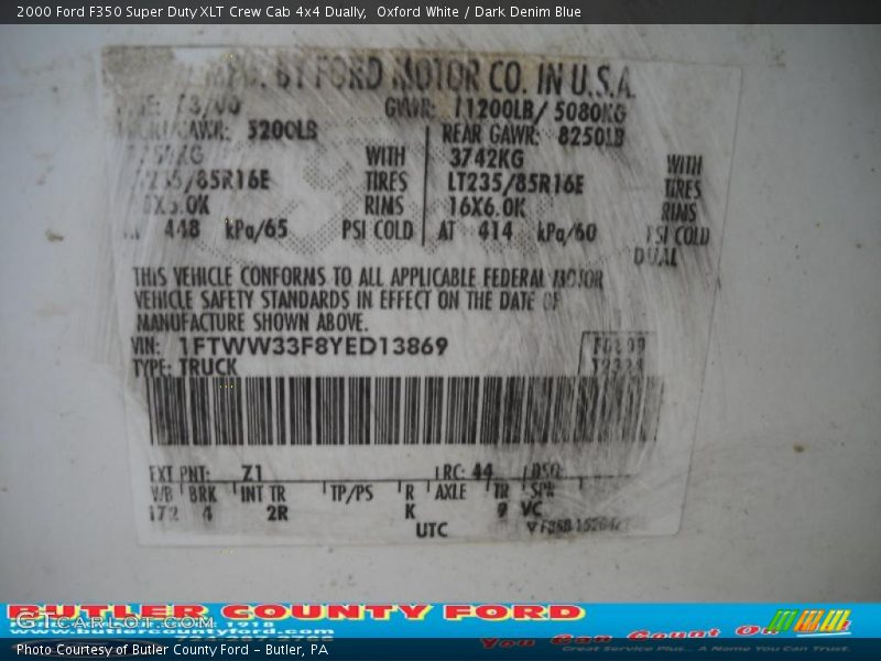 Oxford White / Dark Denim Blue 2000 Ford F350 Super Duty XLT Crew Cab 4x4 Dually