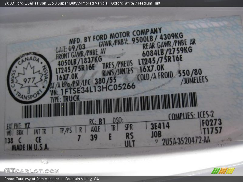2003 E Series Van E350 Super Duty Armored Vehicle Oxford White Color Code YZ