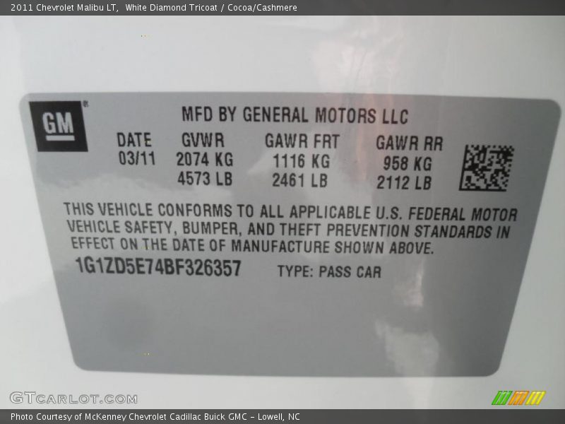 White Diamond Tricoat / Cocoa/Cashmere 2011 Chevrolet Malibu LT