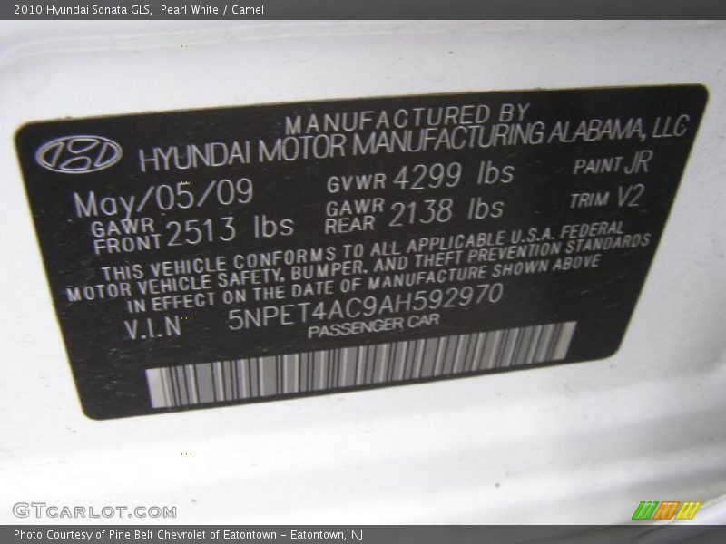 Pearl White / Camel 2010 Hyundai Sonata GLS