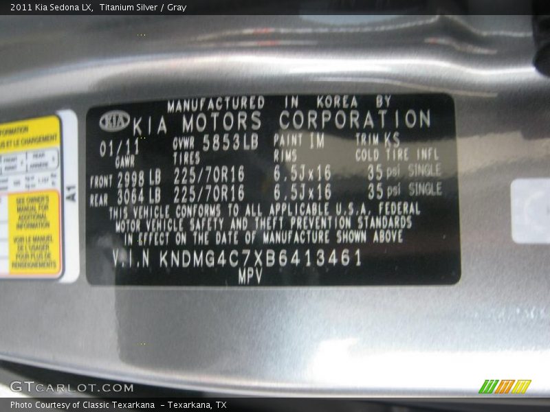 Titanium Silver / Gray 2011 Kia Sedona LX