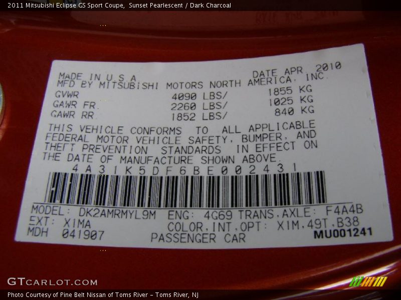 2011 Eclipse GS Sport Coupe Sunset Pearlescent Color Code X1M