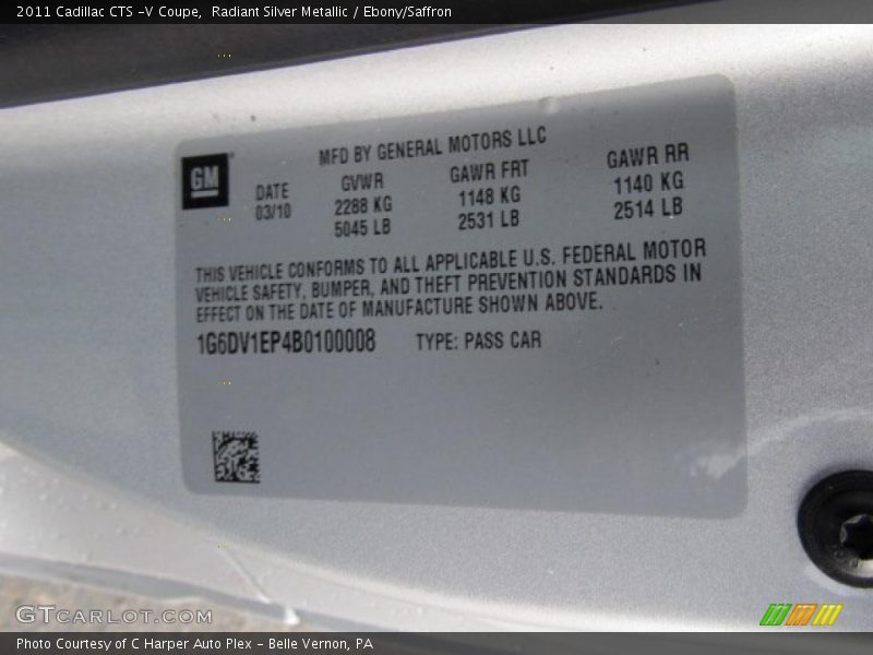 Radiant Silver Metallic / Ebony/Saffron 2011 Cadillac CTS -V Coupe