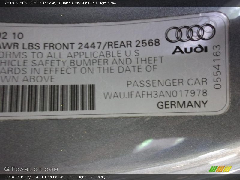 Quartz Gray Metallic / Light Gray 2010 Audi A5 2.0T Cabriolet