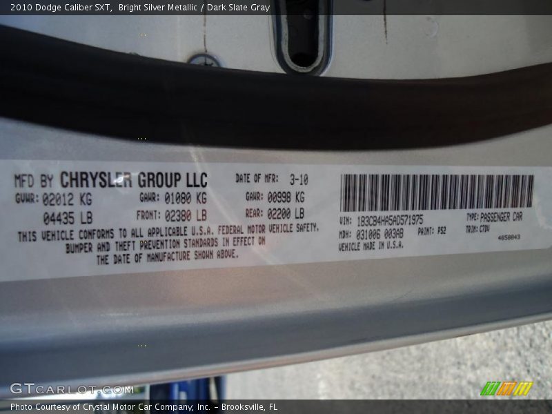 Bright Silver Metallic / Dark Slate Gray 2010 Dodge Caliber SXT