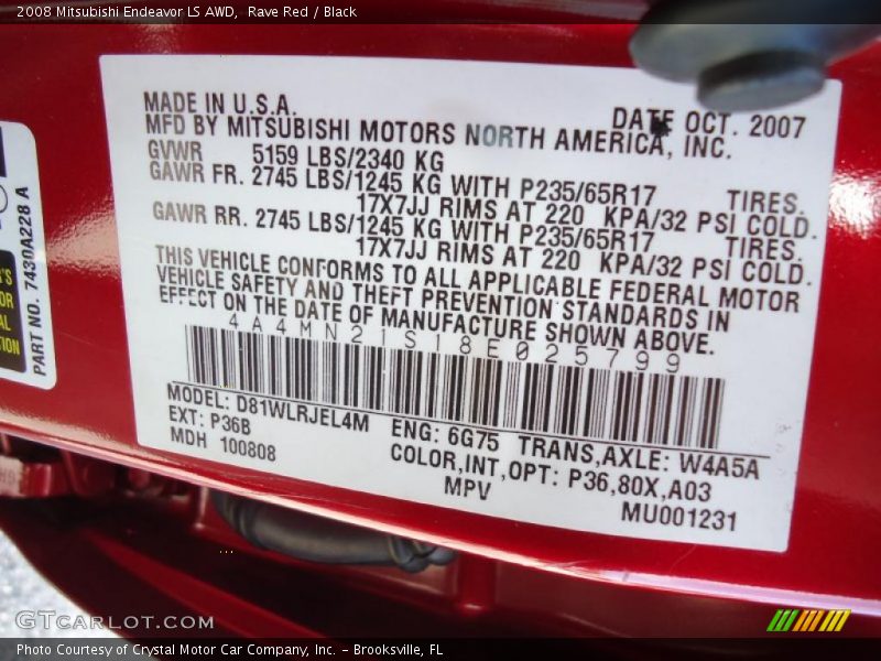 Rave Red / Black 2008 Mitsubishi Endeavor LS AWD