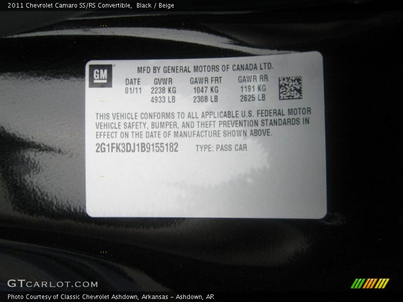 Info Tag of 2011 Camaro SS/RS Convertible