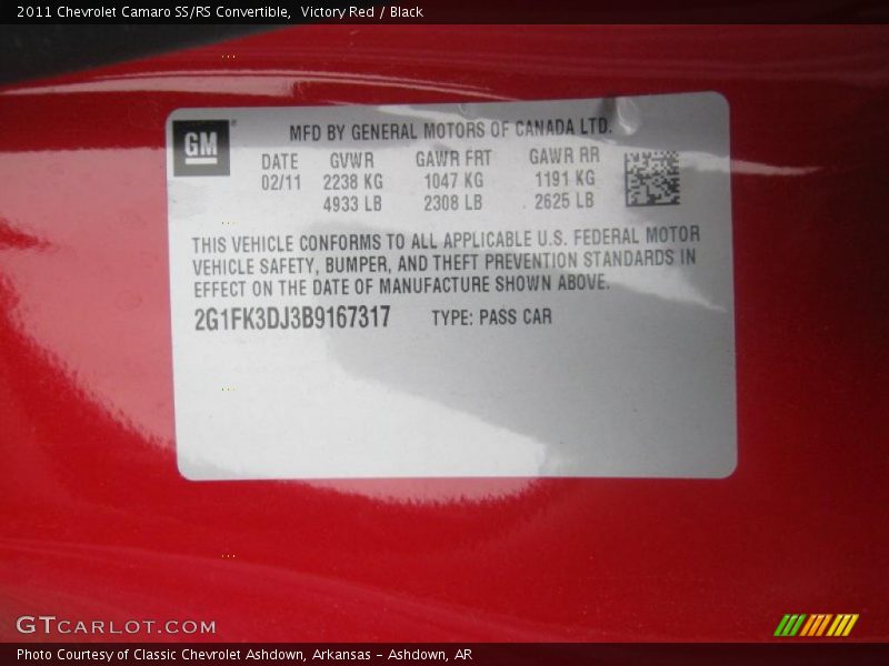 Info Tag of 2011 Camaro SS/RS Convertible