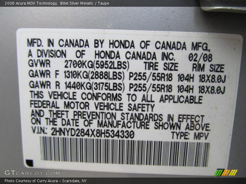 Billet Silver Metallic / Taupe 2008 Acura MDX Technology