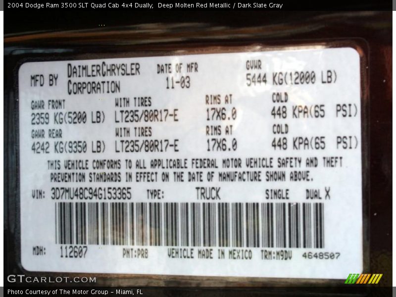 Deep Molten Red Metallic / Dark Slate Gray 2004 Dodge Ram 3500 SLT Quad Cab 4x4 Dually