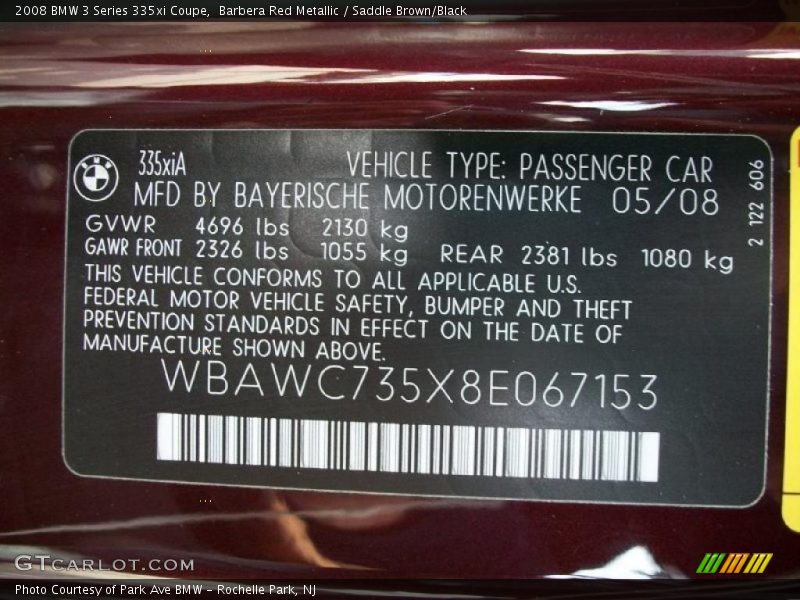 Barbera Red Metallic / Saddle Brown/Black 2008 BMW 3 Series 335xi Coupe